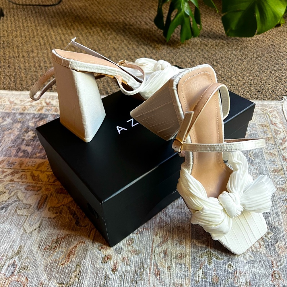 Azazie White Block Heel Sandals